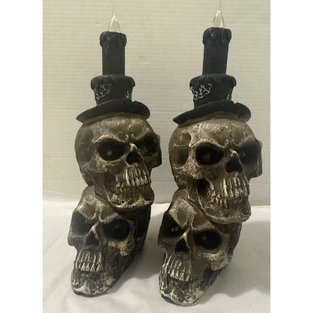 Pair Of Stacked Skull Red Eyes Candles Gothic Decor Resin 13” Old Time Pottery
